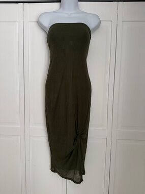 Express Olive Strapless Ribbed Midi Dress